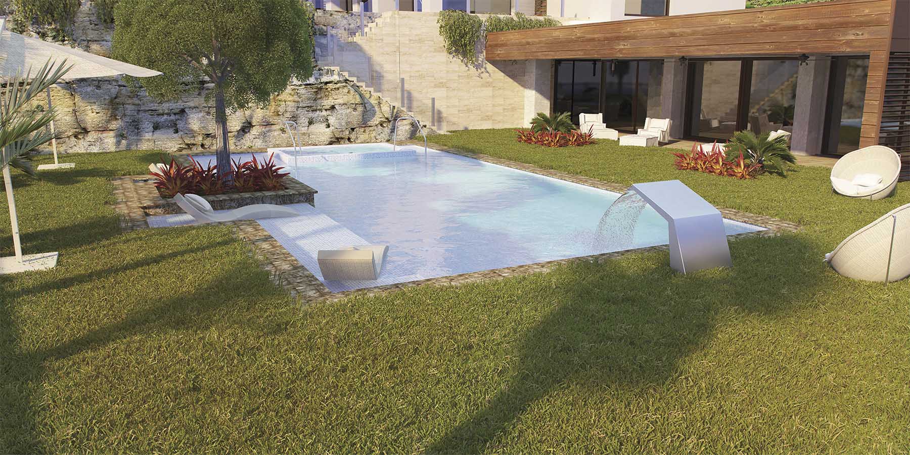 Villa Cala D'Ór El Campello representación en 3D de piscina y jardín de lujo, casa de lujo, nueva construccion, piscina de mármol